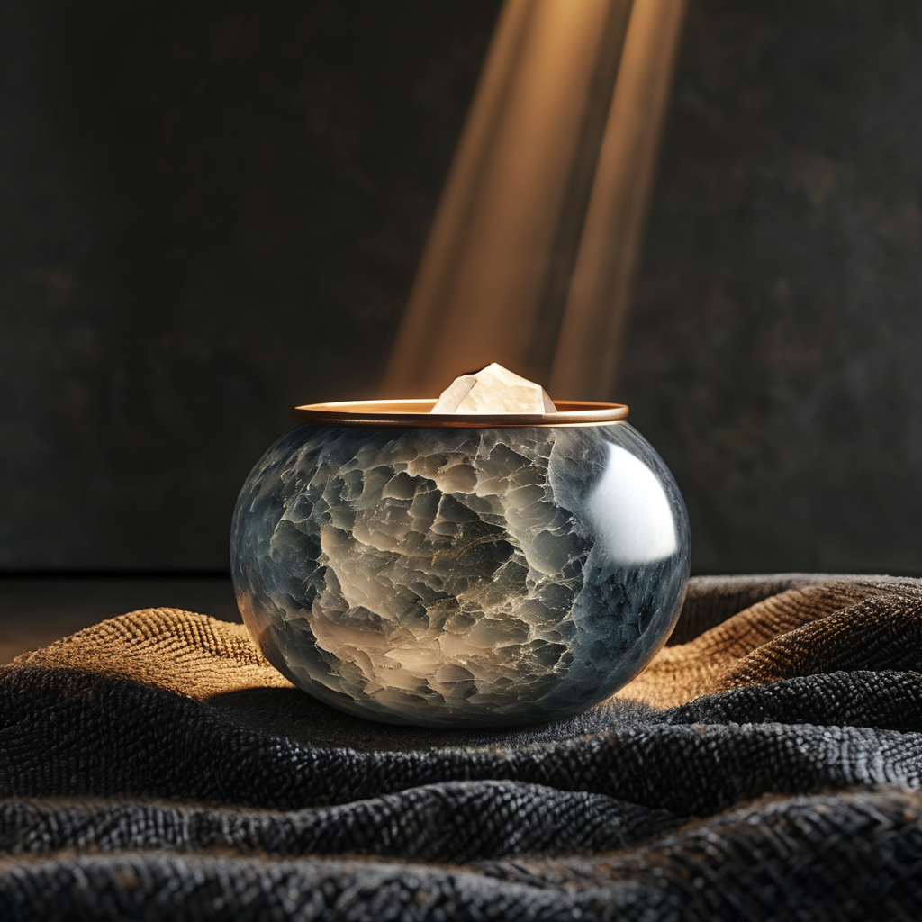意象对话：一间昏暗的静室，地面中央铺着一块深色毛毯，毯上放着一只古朴的铜钵与一枚半透明的石英石。一束极淡的金色光从上方斜落，恰好照