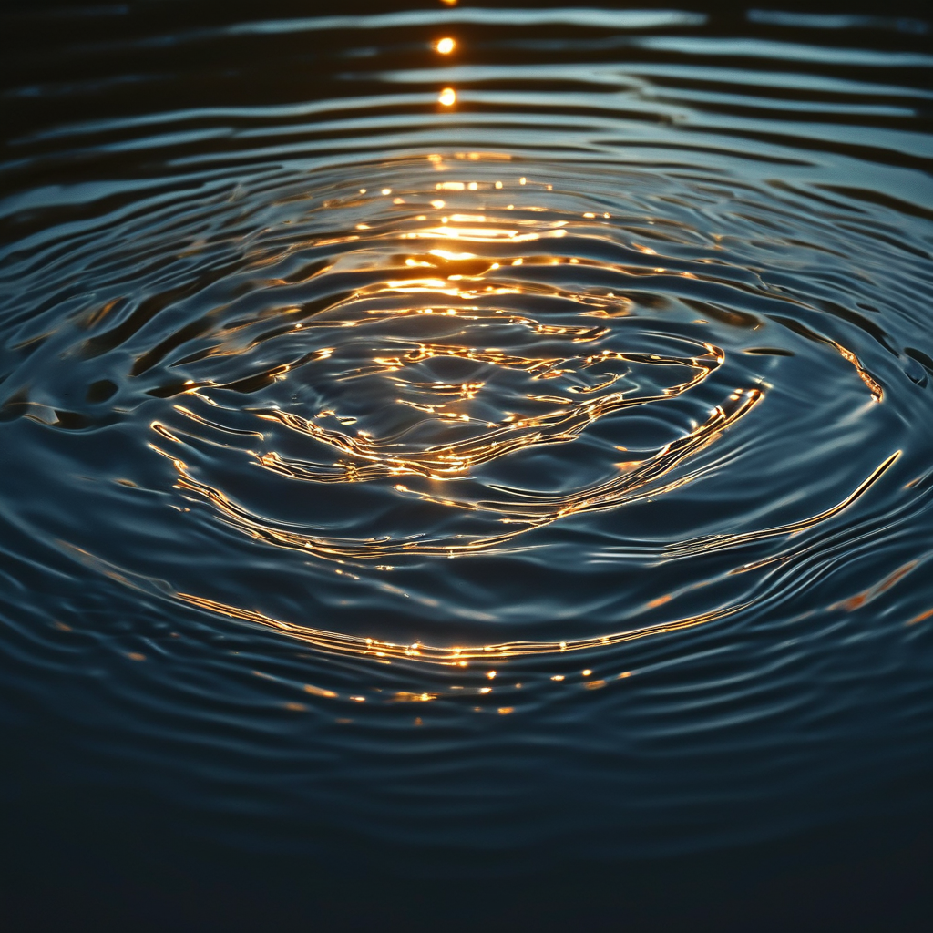主体间性：暗色水面上两圈交叠的涟漪，金色光源从水下隐约上浮，涟漪交汇处泛起微光，四周水面沉静如镜