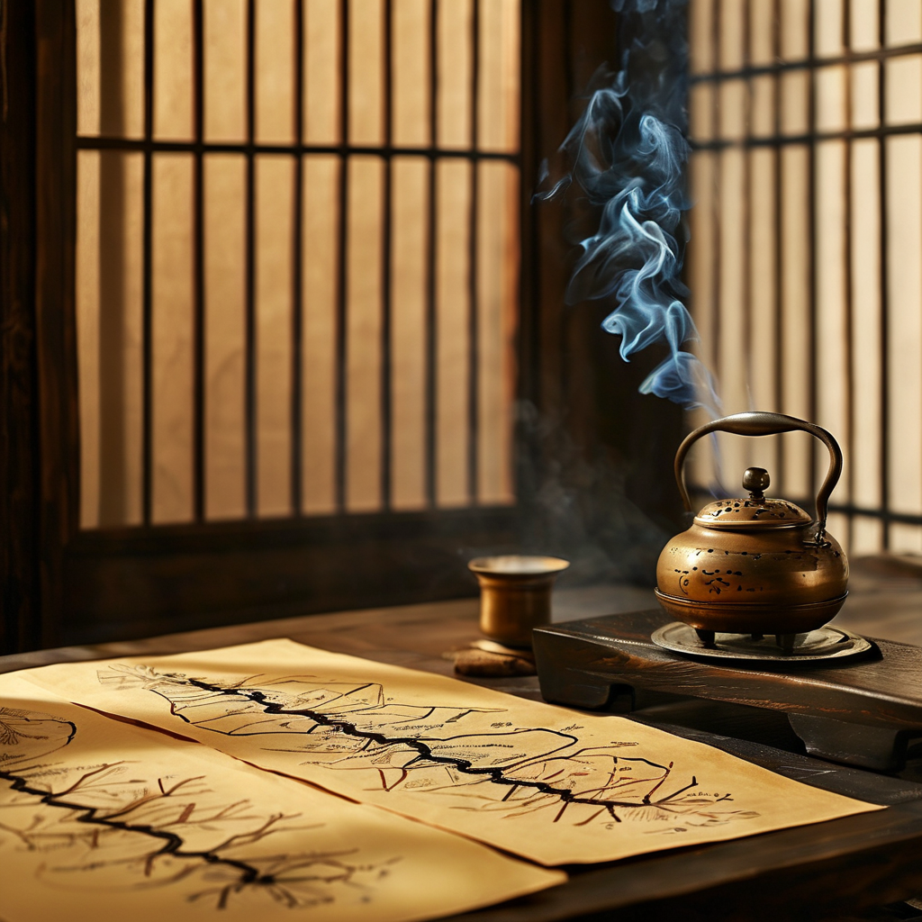 伤寒论：一方深色木案上摊开泛黄的手抄纸页，纸面以细密墨线勾勒出人体经络图与太阳、阳明等六经的圈注，旁置一盏古铜药炉，炉中一缕青烟