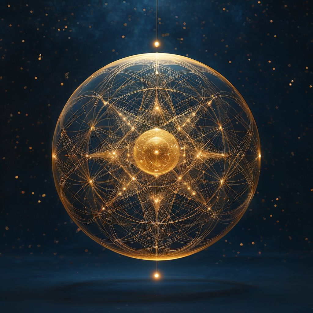 宇宙：暗色空间中一枚悬浮的金色细线球体，表面经纬线如星轨交织，球体内部透出微光，背景是无尽深蓝的负空间