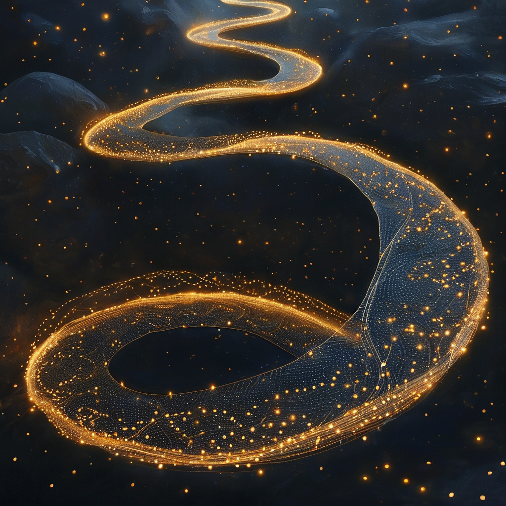 神经回路：深色空间中，一条由极细金线编织而成的蜿蜒路径，两端隐入暗处；路径上散布着微弱的金色光点，如星辰般有序闪烁，周围是大片虚空