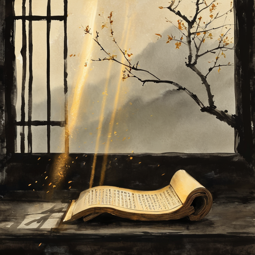 道德经：一册泛黄线装古籍静卧于暗色木案，书页半开，右侧留出大片空白，左侧墨字隐约可见；一缕极细的金色光束从天窗斜射，恰好照亮书脊