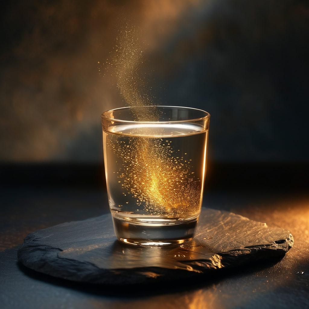 身心现象：深色石板上静置一只透明水晶杯，杯中一半清水、一半金色薄雾，水面映出杯外一缕极细的金光，杯壁内侧凝结微光水珠
