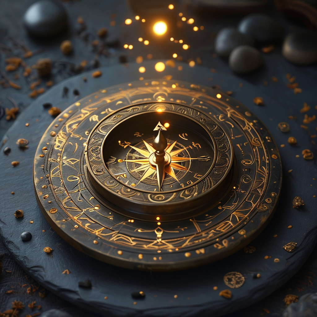 符号：一枚古老的青铜罗盘静置于深色石板上，表面刻有细微的金色纹路与圆心，四周空无一物，唯有一束冷光从正上方打下，罗盘中心微微泛