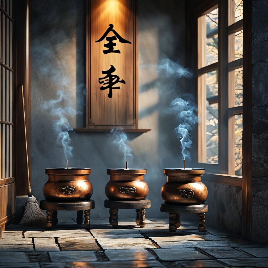 全真道：一座深山中的古老道观内，青石地砖上摆放着三只铜香炉，炉中升起一线青烟。墙角一柄拂尘靠于木架，窗外透入一缕淡金暮光，照亮墙