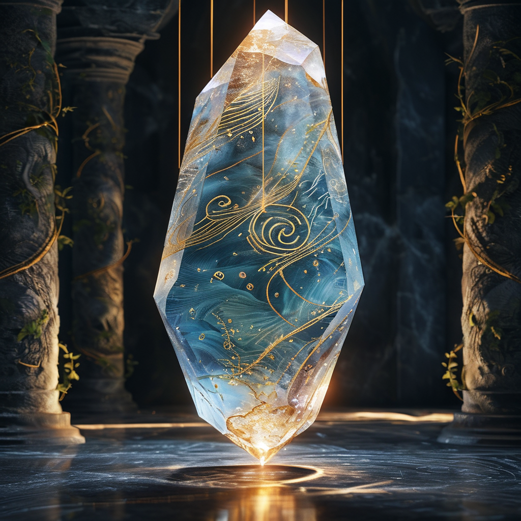 原型意象：幽暗石室中央悬浮着一枚打磨过的水晶棱柱，表面映出无数种古老纹样的虚影——藤蔓、波浪、螺旋、羽翼——它们层层交叠却互不重叠