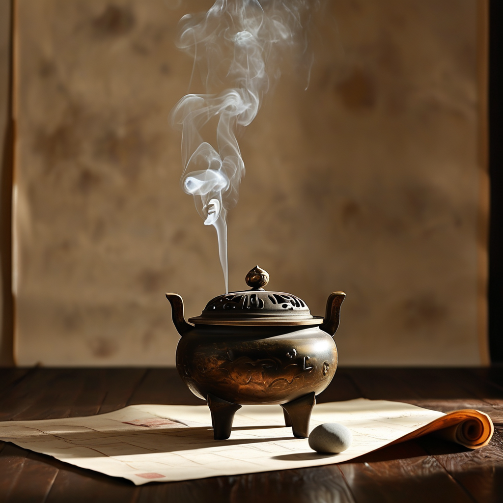 心法：暗色木地板上，一柄古铜香炉静置，一缕细烟垂直升起，在深空背景中渐散为无形，炉旁摊开一卷空白宣纸，纸角被一枚小圆石镇住