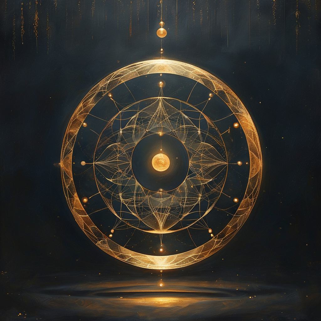 格式塔：一幅深色背景中由数根金线构成的残缺圆环，每一段弧线都指向未画出的完整圆周，圆环中央留白处悬浮着一枚极淡的金色光点