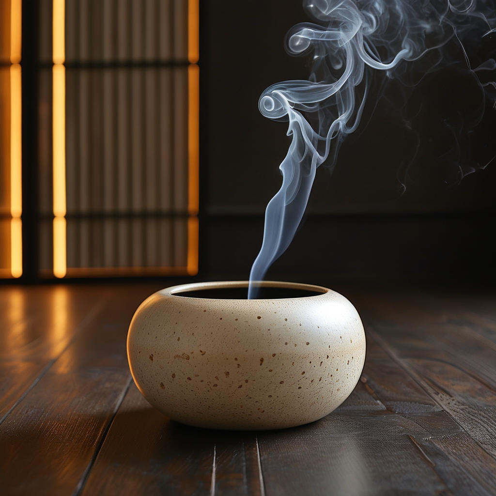 正念呼吸：深色木质地板上，一只素白陶瓷颂钵静置，一缕极淡的熏香烟气在暗室内蜿蜒上升；背景完全留黑，仅有侧上方一道狭窄的金色暖光斜照