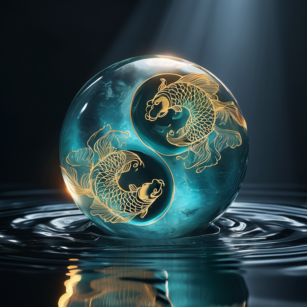 太极：一枚半透明的浑圆青玉石球悬浮于深色水面之上，球体表面以极细的金线勾勒出阴阳双鱼轮廓，双鱼之间的弧线若隐若现，仿佛被水波扰