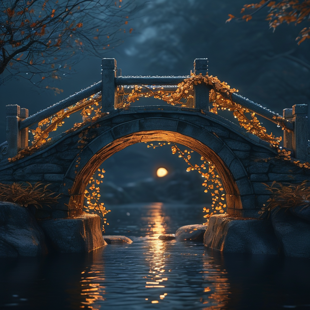 爱：深夜的古老石桥，桥面中央一株金色的藤蔓悄然缠绕着两侧的栏杆，藤蔓上凝着微光露珠，桥下深色水面倒映着零星光点，四周是无尽暗