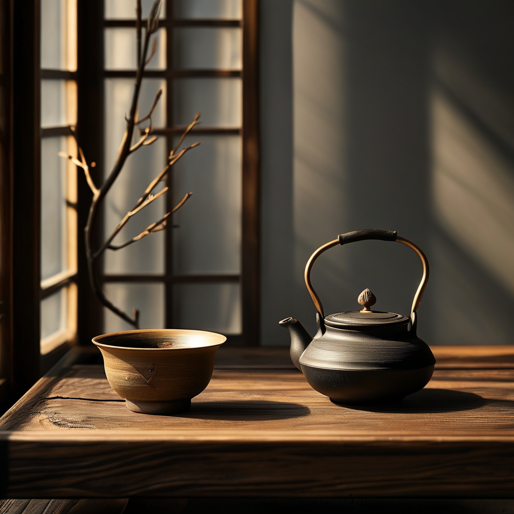马祖道一：一张深色木案上置有一盏熄灭的油灯、一只粗陶茶碗与半卷竹简，案角放着一截枯枝，一缕极细的金光从窗缝斜入，照亮茶碗边缘