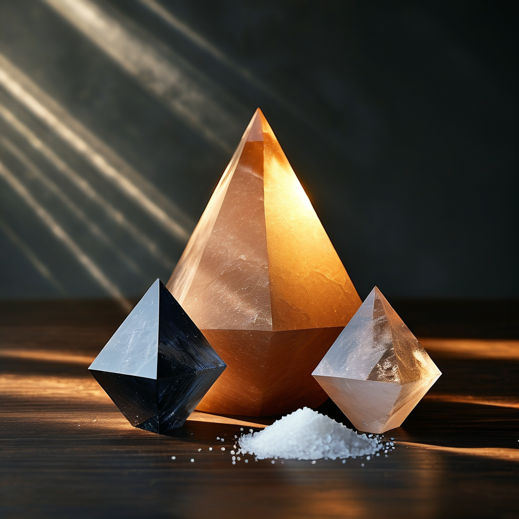 认知结构：深色木桌上，三枚不同尺寸的棱镜依次排列，一缕极窄的金光从左侧射入，穿过第一枚棱镜后折射为几道细线，再经第二、第三枚棱镜逐
