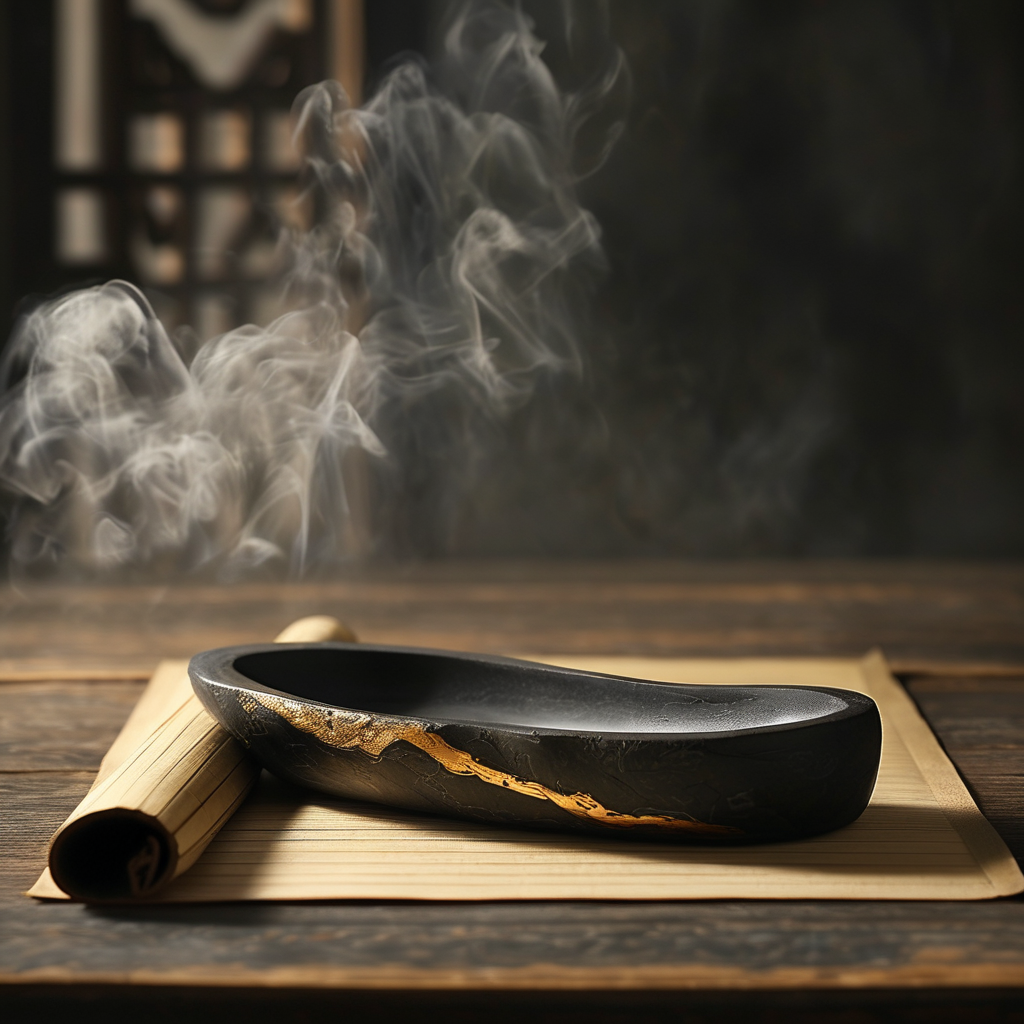 心学：深色书案上，一方古砚静卧，砚台边缘一缕极细的鎏金纹路蜿蜒如血脉，旁置一枚半开的竹简卷轴，砚池中映出一盏孤灯的金色倒影，背
