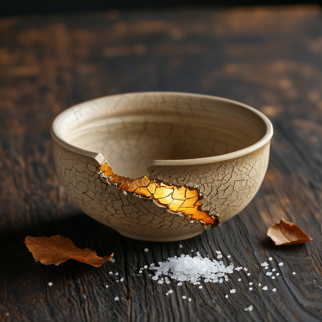 完整性：深色木纹桌面上，一只素白陶碗边缘有一道细长的金缮裂纹，裂纹中透出暖金色微光，旁边散落几粒粗盐与一片枯叶