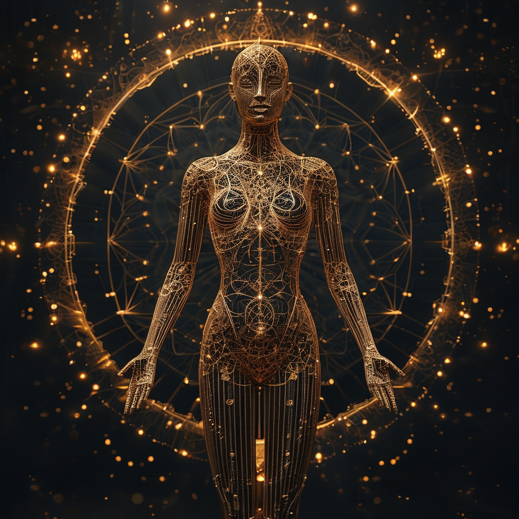 身体图式：深色空间中一个悬空的青铜人形框架，由极细的金线构成轮廓与关节，线条在边缘逐渐消散为稀疏的光点，背景大面积留黑