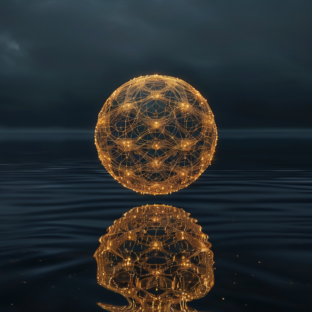 法界：一面极暗的深色水面，中央悬浮一枚细金丝编织的网状球体，球体表面映射出无数微弱的金色光点，彼此以极细的金线相连，水面倒影与