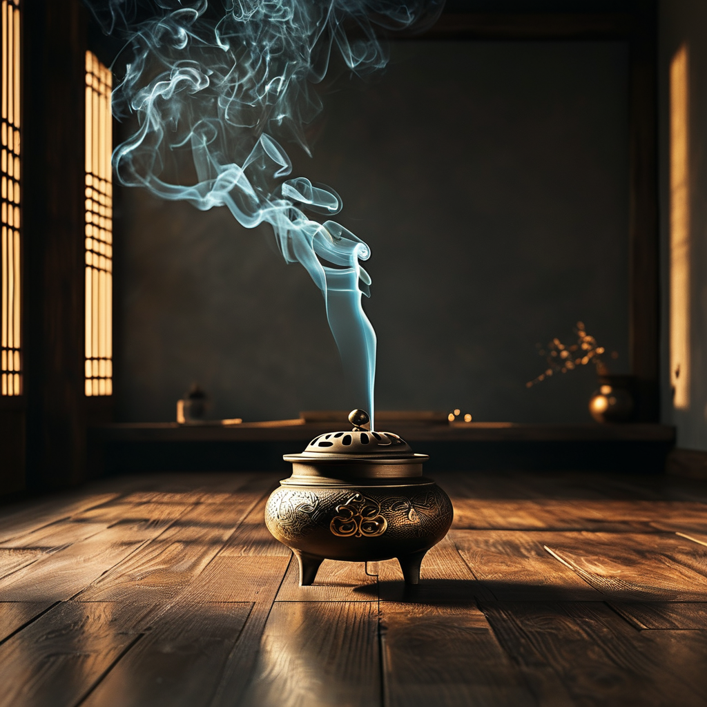 能量释放：深色木质地板上，一只敞开的青铜香炉静立，一缕青烟从炉中升起，在暗室中自然蜿蜒散开，金色微光从炉底透出，映亮烟尘的细小轨迹