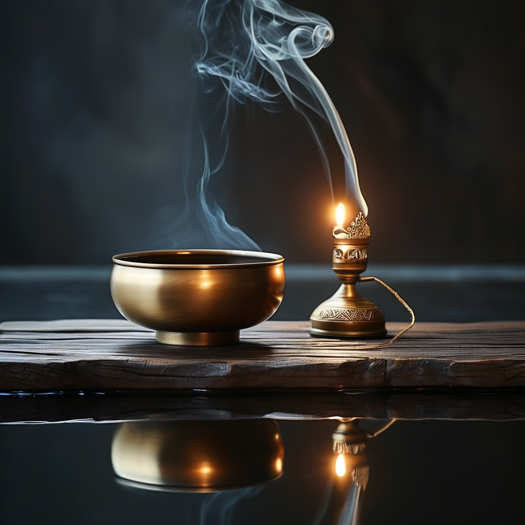 止观双运：一张深色木案上，左侧放着一只古铜色的止水碗，水面静止如镜；右侧是一盏燃尽的油灯，灯芯处一缕极细的金线刚熄灭，余烟与水面倒