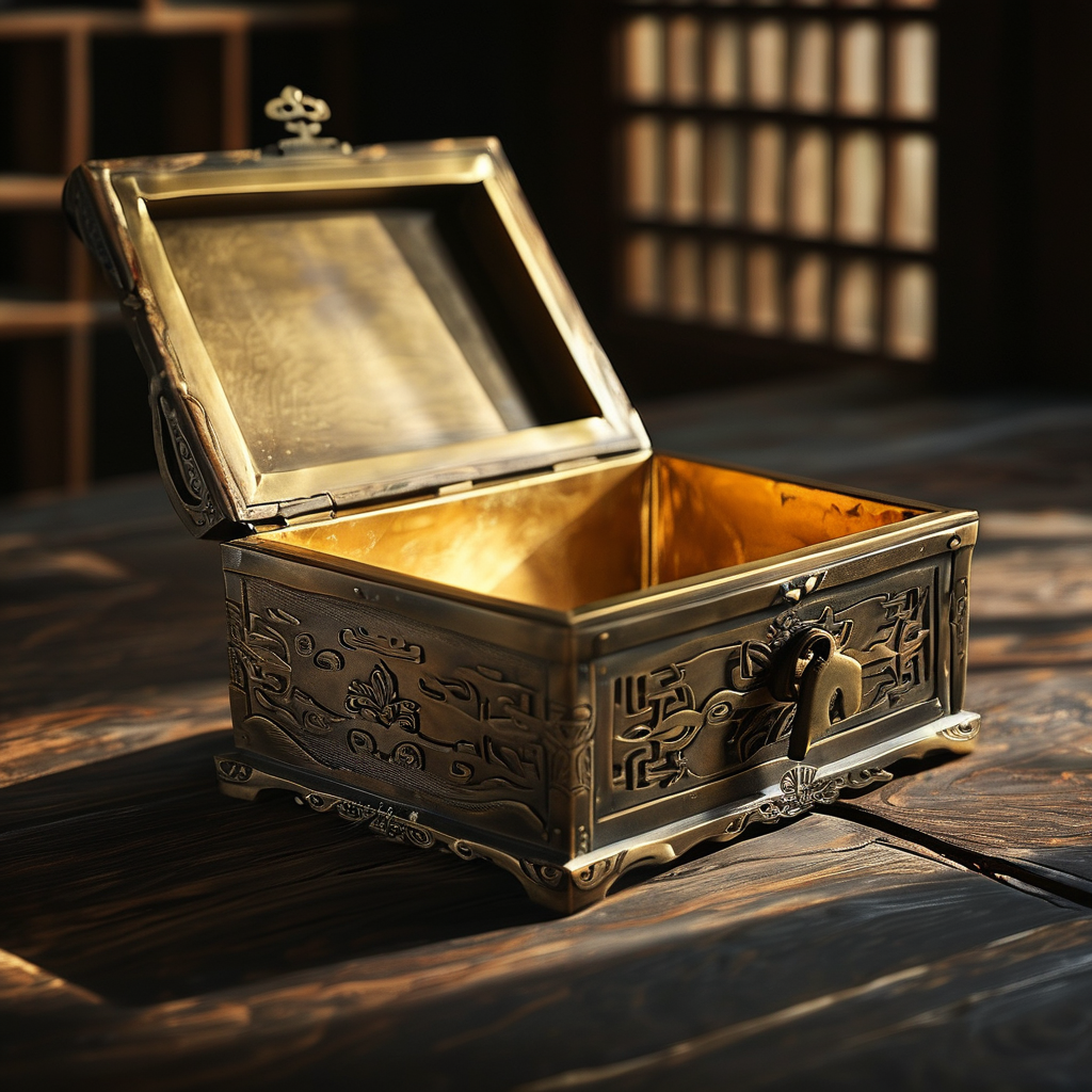 法华经：一只古朴的铜质经匣半开，暗金色内衬里露出泛黄经卷的一角，经匣侧边刻有细腻的莲纹，一束极淡的金色光线从经匣缝隙中透出，落在
