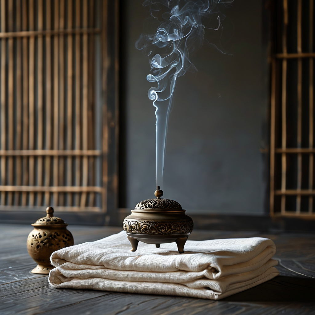 站桩：深色木质地板上，一件叠好的素白棉麻练功服与一只老式铜香炉相对而置，一缕极细的香烟笔直上升，在暗调空间中形成一道静止的竖线
