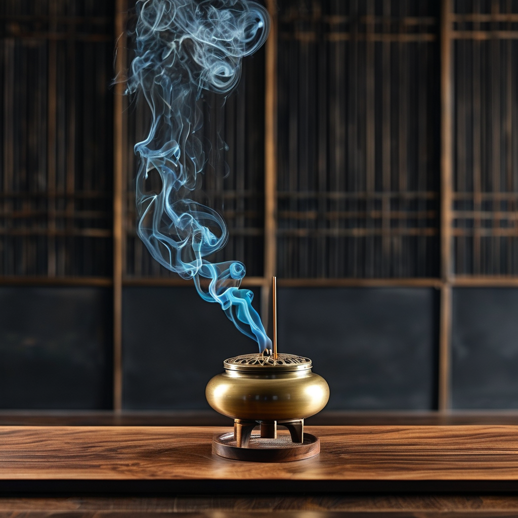 场域理论：一张深色木纹长桌中央，一枚黄铜香炉升起一缕笔直的青烟，烟气在半空中缓缓扩散成一张半透明的金色蛛网状网格，网格节点处微光闪