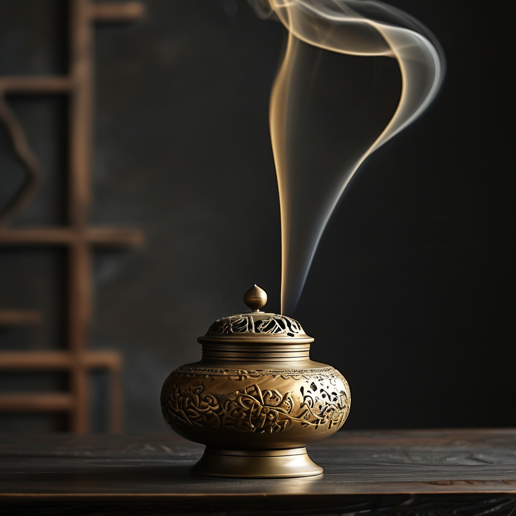 习气：深色桌面上，一只青铜香炉静立，炉身布满细密而对称的磨损纹路，一缕极细的金色香烟从炉盖孔中笔直升起，在黑暗空间中缓缓弯曲成