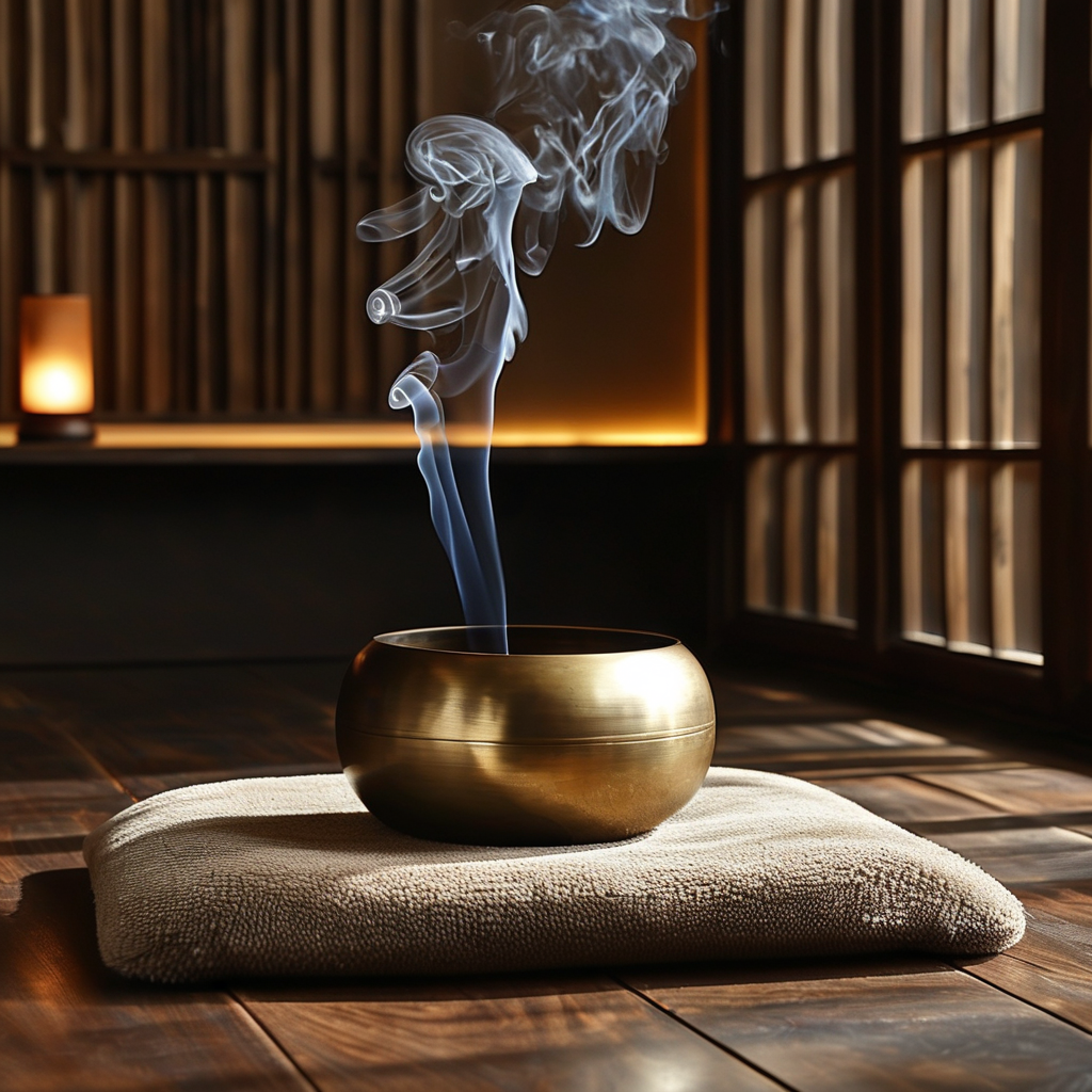 技法：深色木地板上，一只青铜颂钵静置于素色坐垫中央，侧面一盏暖金色台灯拉出长影，灯下毛毯边缘微微卷起，空气中隐约可见一缕薰香细