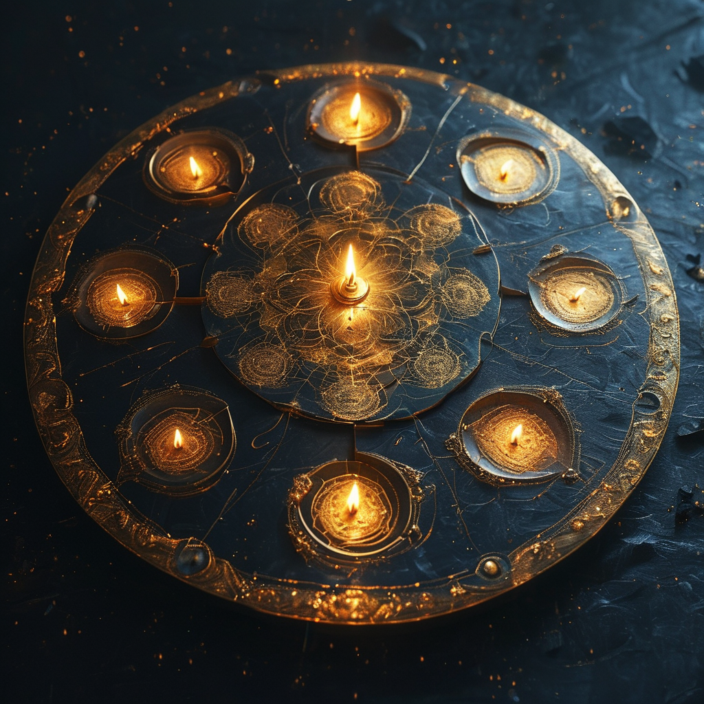 全息宇宙：一片深黑虚空中悬浮着一枚破碎的金色圆盘，碎片边缘发出细密金线，每片碎片内部都映出完整圆盘的微缩金色图案，圆盘中心一点暖光