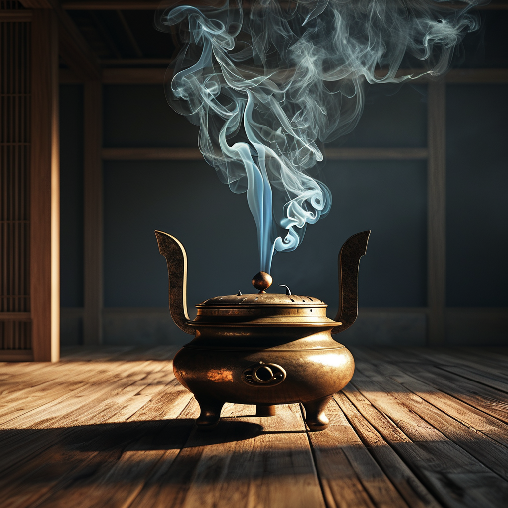 毗婆舍那：一间幽暗的禅房，木质地板上放着一只古旧的铜制香炉，一缕青烟笔直上升，在顶光照射下烟线被拉长、微有波动，香炉上方空无一物，