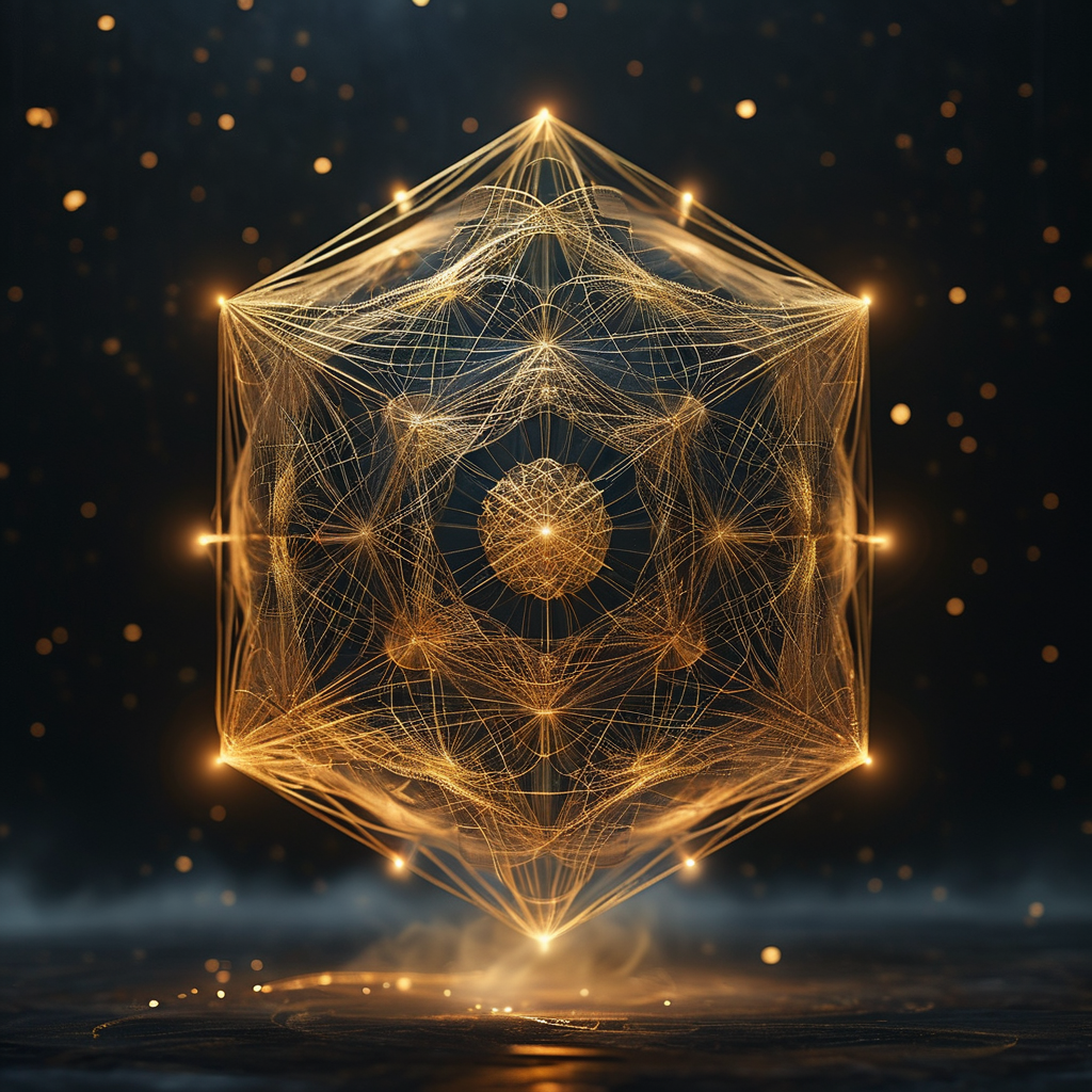 法则：深邃的暗色空间中央，一枚由极细金线编织成的正十二面体悬浮于空中，金线微微发光，每一根线条都精确而克制，背景是无边的虚空，