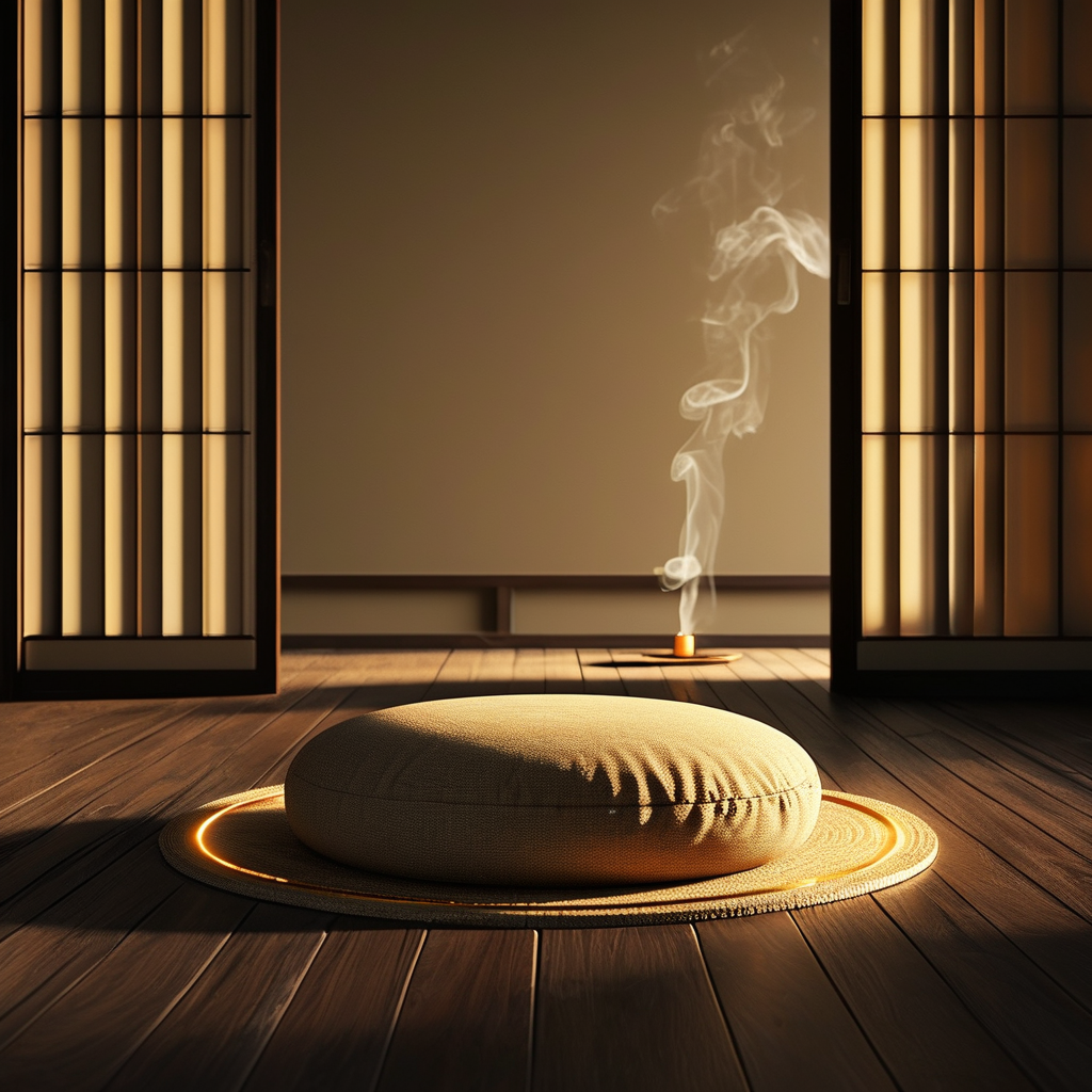 深度冥想：深色木质地板上，一个素色圆形蒲团置于正中，蒲团边缘落着一缕金色微光；远处一扇半掩的纸拉门透出暖黄光线，门缝间可见极淡的烟