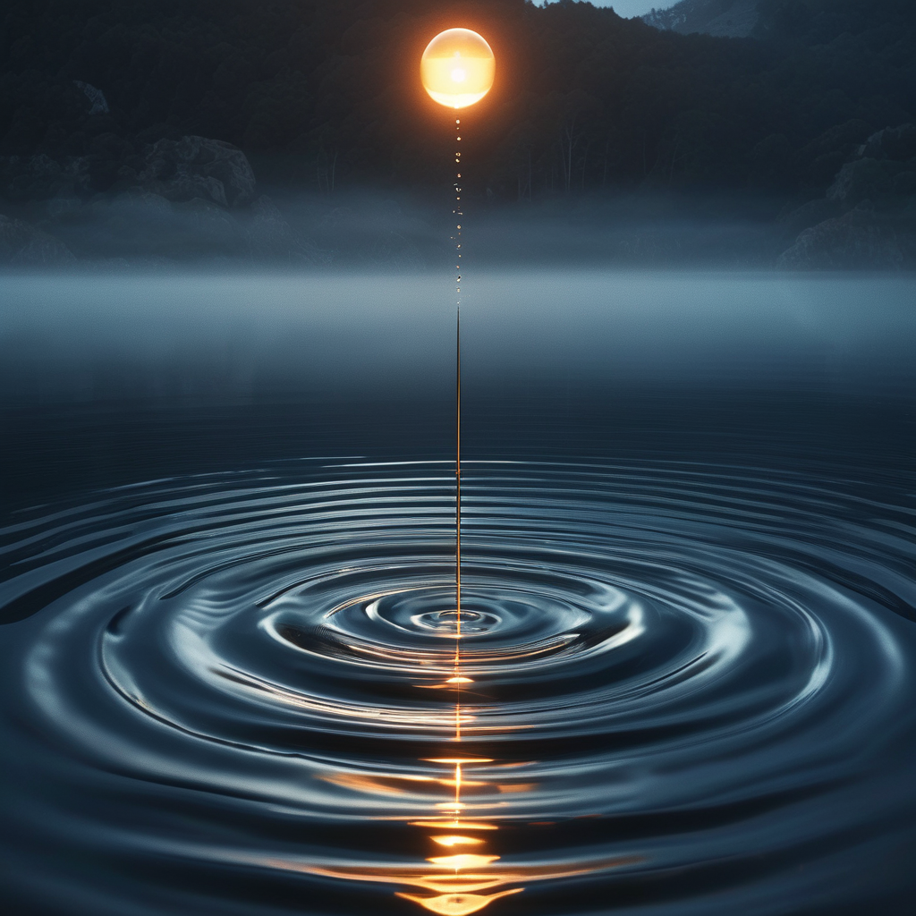 阿尔法波：幽暗空间中，一道极细的金丝从水面下方向上升起，在水面漾开微弱的同心圆波纹，水面上方悬浮着一枚半透明的圆形光晕，光线柔和如