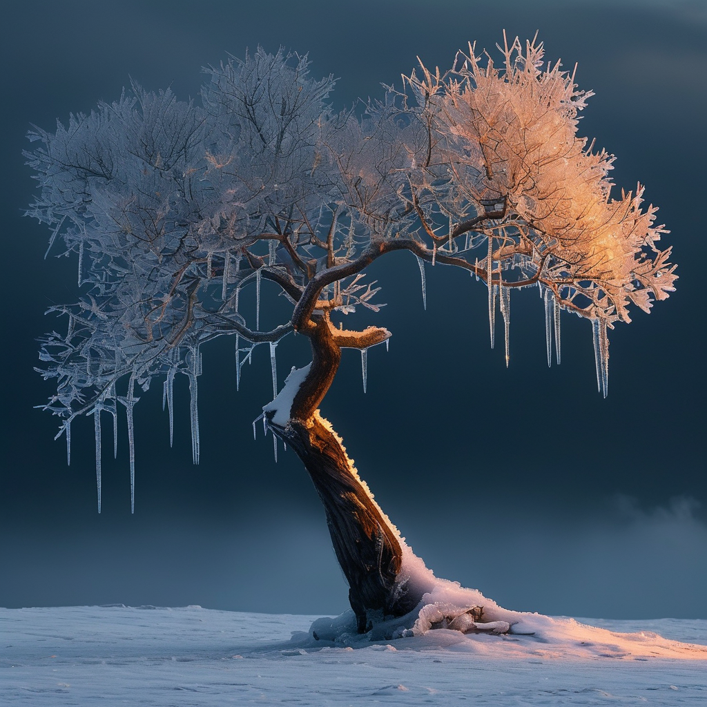 冻结反应：深色雪地中一棵被冰晶完全包裹的枯树，树梢末端悬垂着一滴即将凝固的金色树脂，冰层内部隐约透出微弱的暖光