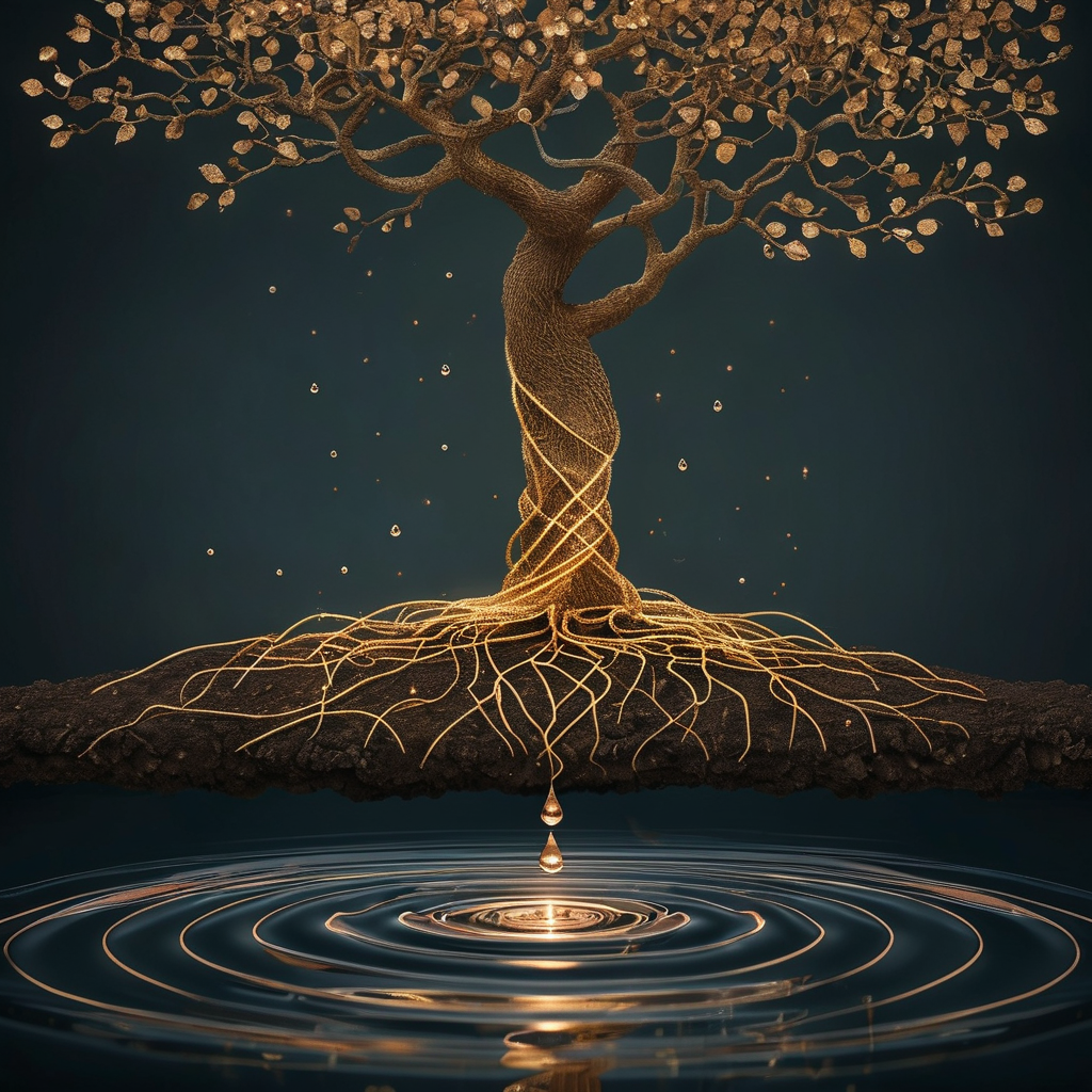 生态系统：深色背景中，一棵古树的根系与土壤中延伸的金色细线交织成网状，树冠顶端落下一滴水珠，水面泛起同心涟漪，倒映出零星光点