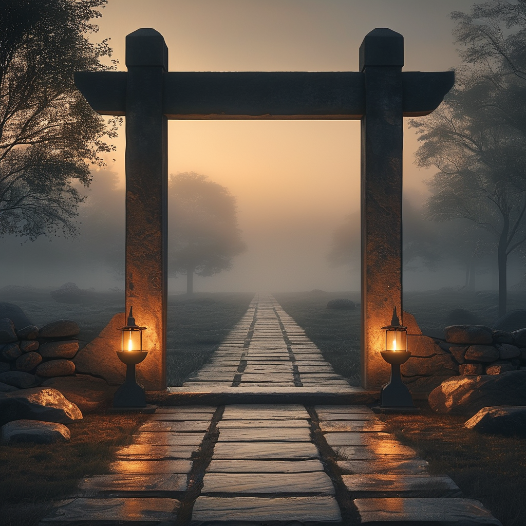 不二法门：一扇极简的古老石门伫立在晨雾弥漫的旷野中，门框两侧各有一盏熄灭的油灯，门缝里透出一缕纯金色的柔光，门前的石板路延伸至无尽