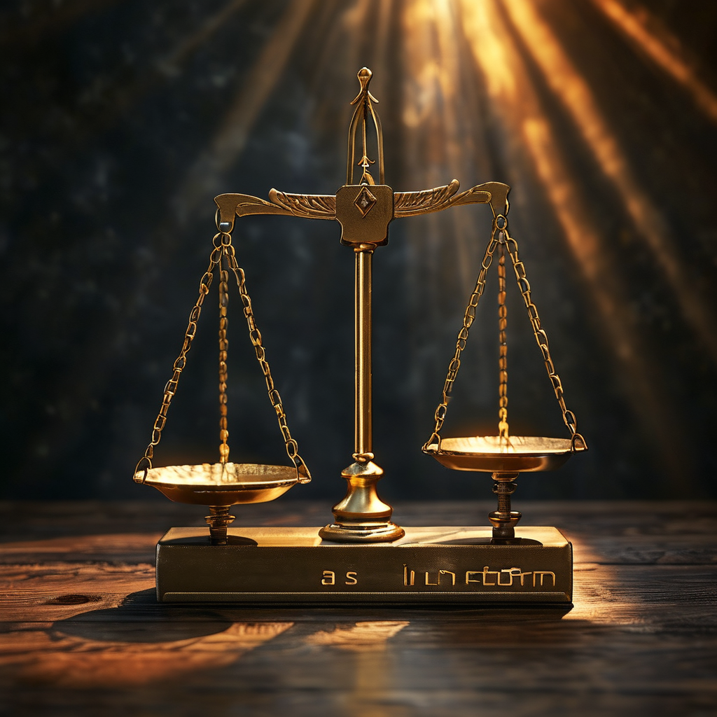 前景理论：深色木桌上，一架黄铜天平两端放着两枚不对称的砝码——左边稍大的砝码刻有'损失'字样，右边较小的刻有'收益'，天平向左倾斜