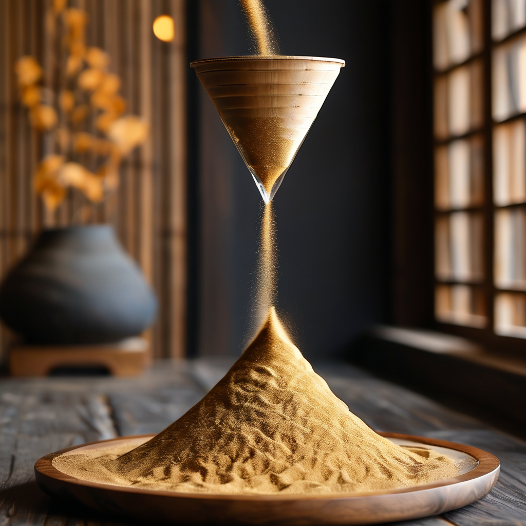 流动性：一束金色细沙从竹制沙漏的窄颈缓缓流下，在暗色木台上堆积成柔和的锥形，沙流两侧是深邃的负空间，一缕微光勾勒出沙粒坠落的轨迹