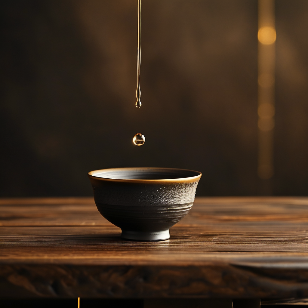 仪式感：一张深色木案上，一只粗陶茶碗静置于金色光晕中，碗沿凝结一粒水珠，背景是无尽的暗影，唯有一缕极细的金线从上方垂下，轻触水面