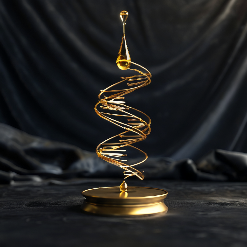 分子生物学：深色实验室桌面上，一枚黄铜双螺旋模型斜立，顶端一滴金色树脂悬而未落，背景是极暗的丝绒质空间，一道细窄冷光从侧面切过模型
