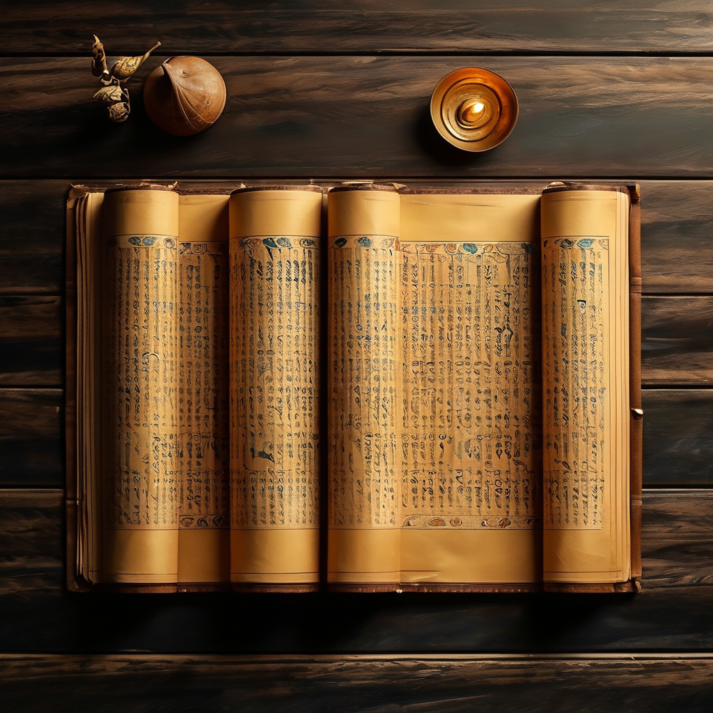 唯识三十颂：深色木桌上摊开一卷泛黄的古梵文贝叶经，三十枚贝叶整齐排列，一束极细的金光从上方斜照在经卷中央，照亮了第一枚贝叶上的梵文字
