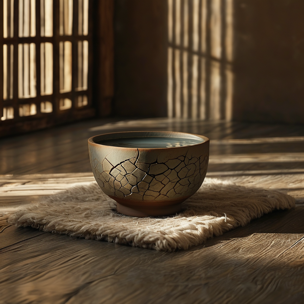 动态静心：一间空旷暗室中，一张旧羊毛毯中央放着一只陶碗，碗沿有一道细长裂纹，碗内盛着半碗清水，水面因远处的振动泛起极细的涟漪，光束