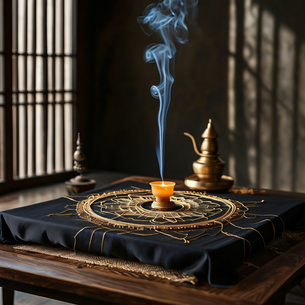 生起次第：暗室中一张深色木案，案上铺展一幅未完成的坛城金线细描，旁边一盏单芯酥油灯，灯光在墙面上投下坛城轮廓的模糊投影，灯芯处一缕