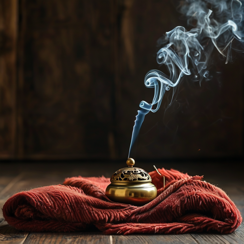 圆满次第：深色木地板上铺开一条暗红藏毯，毯上静置一只古铜金刚铃与半截燃尽的藏香，香灰落成细线，一缕淡烟在昏暗中螺旋上升至虚空