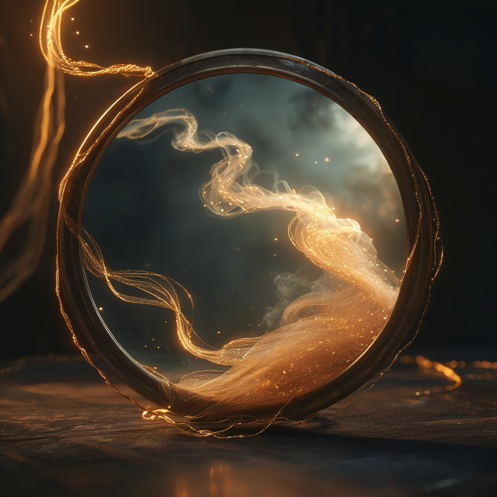 幻象：一面古铜色圆镜斜立在暗室中，镜面映出微光，但镜中影像微微扭曲变形，仿佛一缕轻烟从镜心散逸，镜框边缘缠绕着几根若隐若现的金