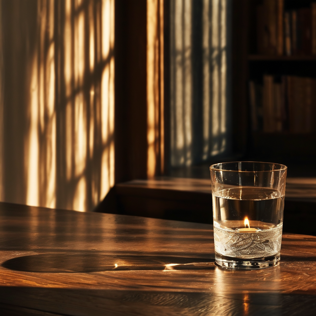 感受：深夜书房中，一张深木色书桌上静置着一只半透明的水晶杯，杯中盛着清水，一缕金色烛光穿过杯壁，将水影与光晕投射在桌面，杯旁空