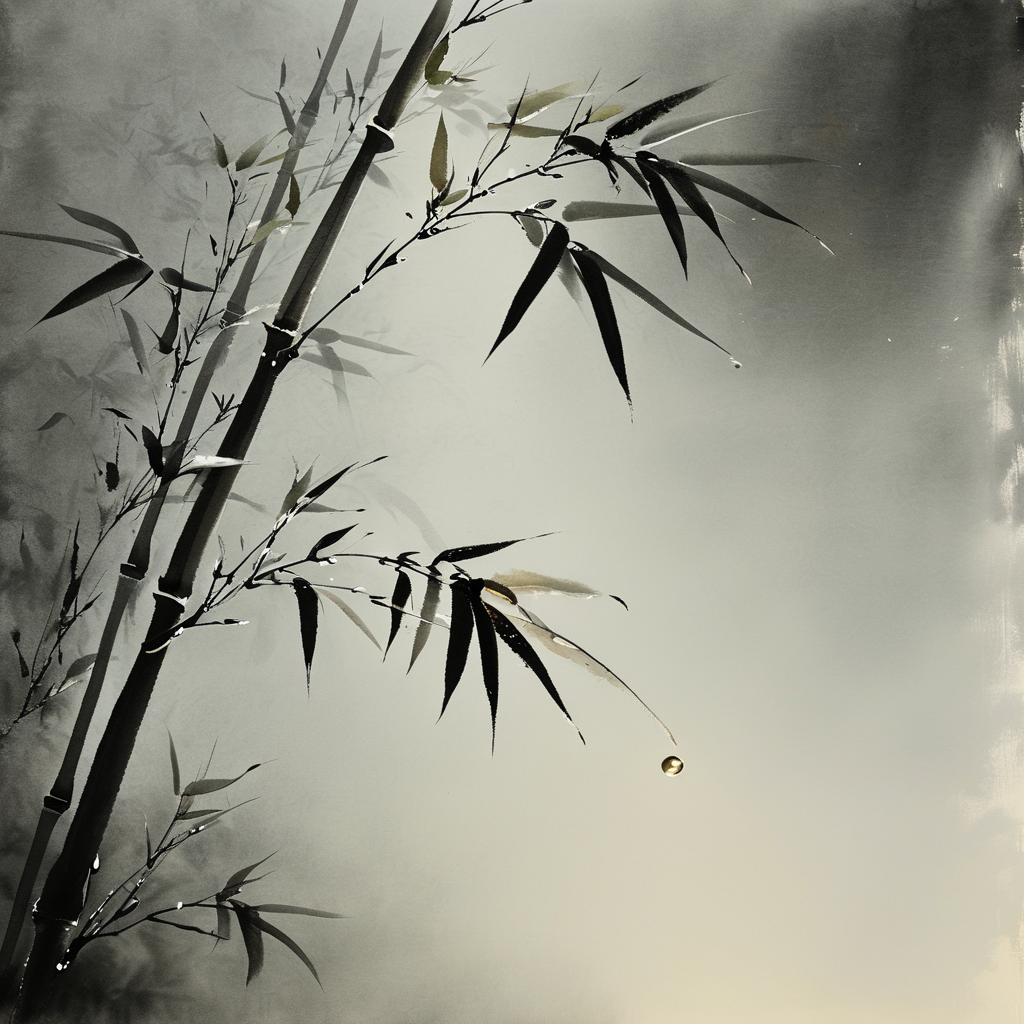 韧性：风雨过后，一株墨竹斜倚在灰白纸面般的背景中，竹身被压成深弧，却未折断；叶尖悬着唯一一滴露珠，折射出一线暗金色的光。画面只