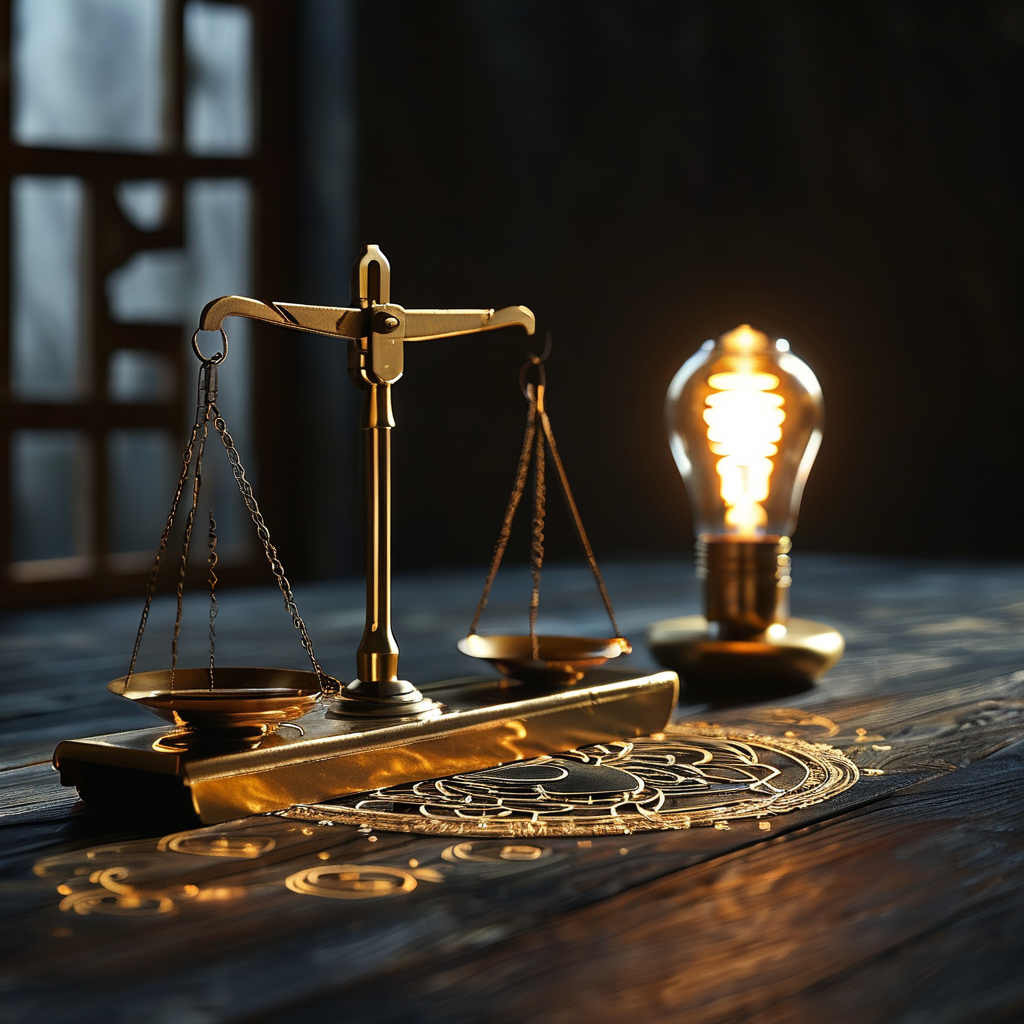 逻辑实证主义：一张深色木桌上，三枚精密黄铜砝码整齐排列在一条细金刻度尺旁，右侧一盏没有灯罩的裸灯泡发出冷白直射光，光线下砝码投下清晰锐