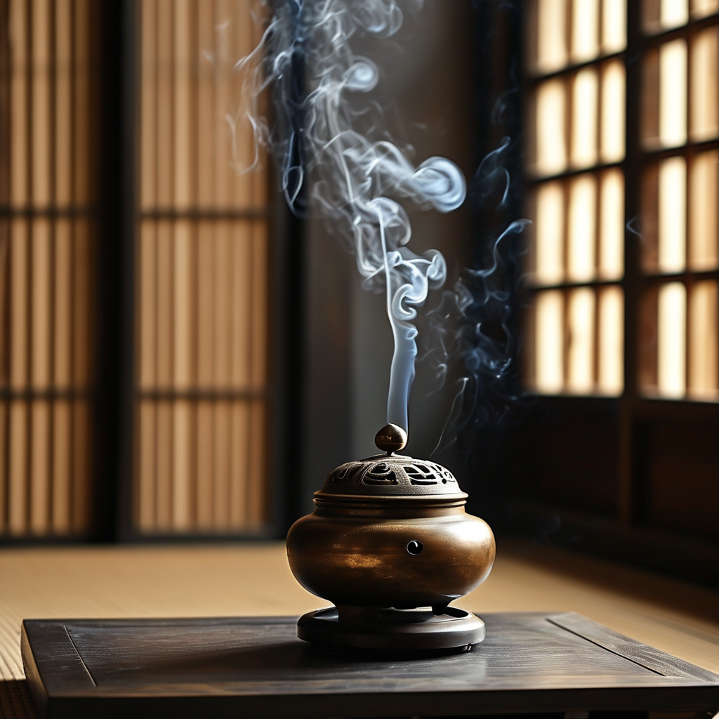 汉传佛教：深色木案上，一尊青铜香炉静置，一缕细烟笔直升腾，在暗色背景中渐次散开，旁边一枚残缺的唐代瓦当，金色微光从炉内透出，照亮瓦
