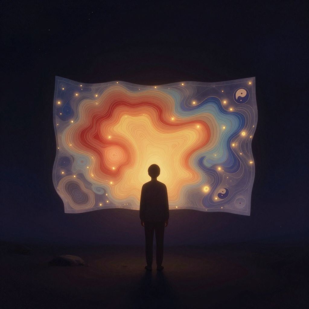 以己为景：一个人立于空旷之境，面前展开一幅半透明的心理地形图，等高线起伏、色彩渐变（红区与蓝区交错），地图悬浮在观察者前方，二者之